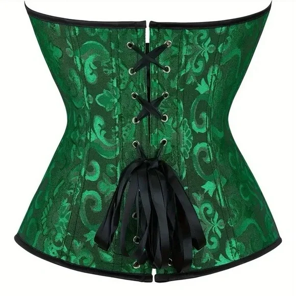 Green Brocade Corset bustier lingerie shapewear jacquard goth intimate - Picture 3 of 4